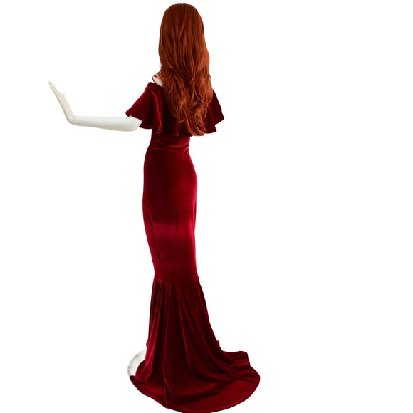Red Velvet Off Shoulder Puddle Train Gown - Coquetry Clothing