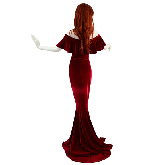 Red Velvet Off Shoulder Puddle Train Gown - Coquetry Clothing