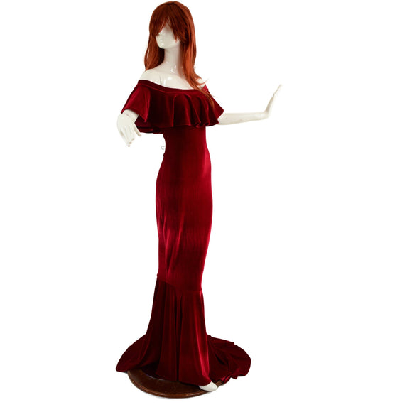 Red Velvet Off Shoulder Puddle Train Gown - Coquetry Clothing