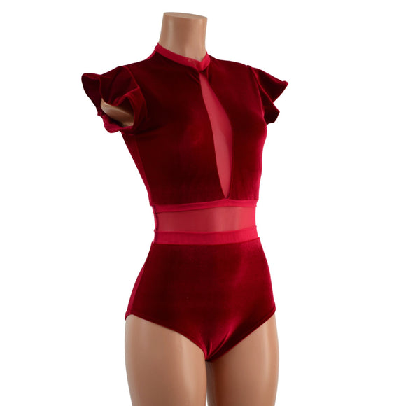 Red Velvet Romper with Inset Mesh Keyhole Neckline - Coquetry Clothing