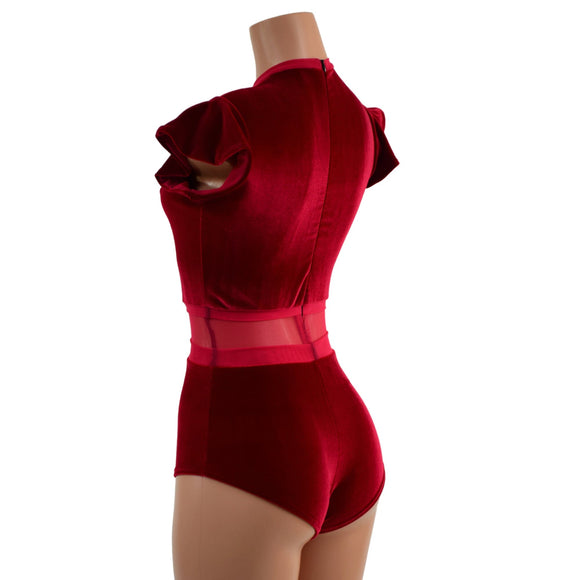 Red Velvet Romper with Inset Mesh Keyhole Neckline - Coquetry Clothing