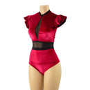 Red Velvet Romper with Inset Mesh Keyhole Neckline - Coquetry Clothing