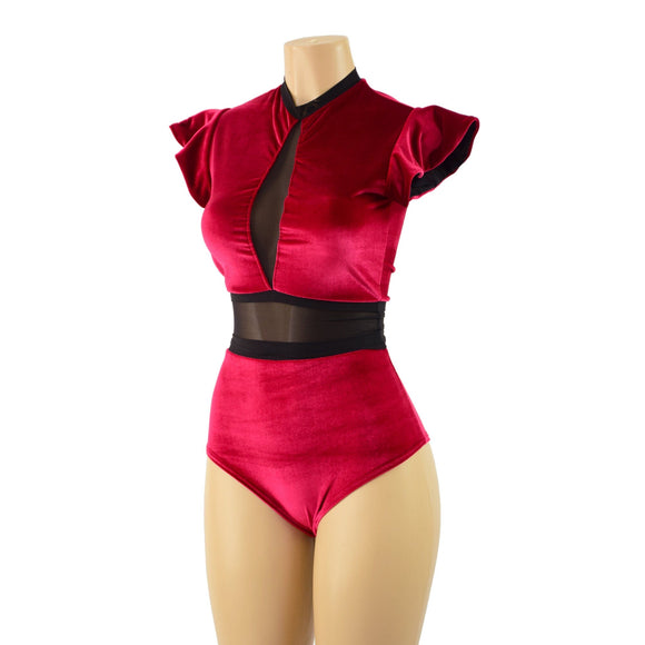 Red Velvet Romper with Inset Mesh Keyhole Neckline - Coquetry Clothing