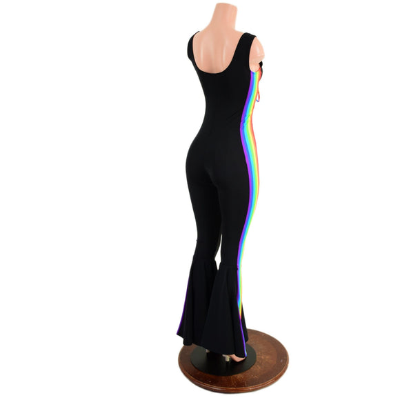 Retro Rainbow Striped Bell Bottom Catsuit with Laceup Neckline - Coquetry Clothing