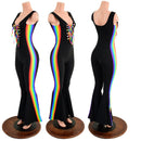 Retro Rainbow Striped Bell Bottom Catsuit with Laceup Neckline - Coquetry Clothing