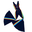 Retro Rainbow Striped Bell Bottom Catsuit with Laceup Neckline - Coquetry Clothing