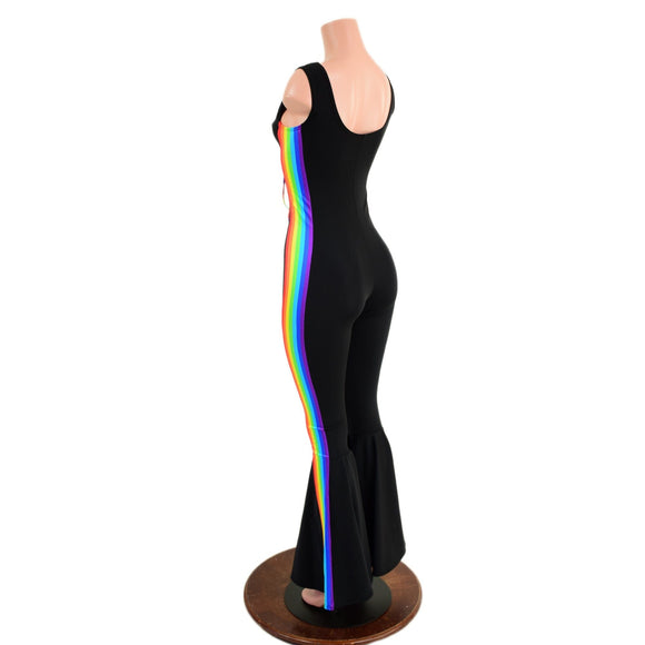 Retro Rainbow Striped Bell Bottom Catsuit with Laceup Neckline - Coquetry Clothing