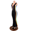 Retro Rainbow Striped Bell Bottom Catsuit with Laceup Neckline - Coquetry Clothing