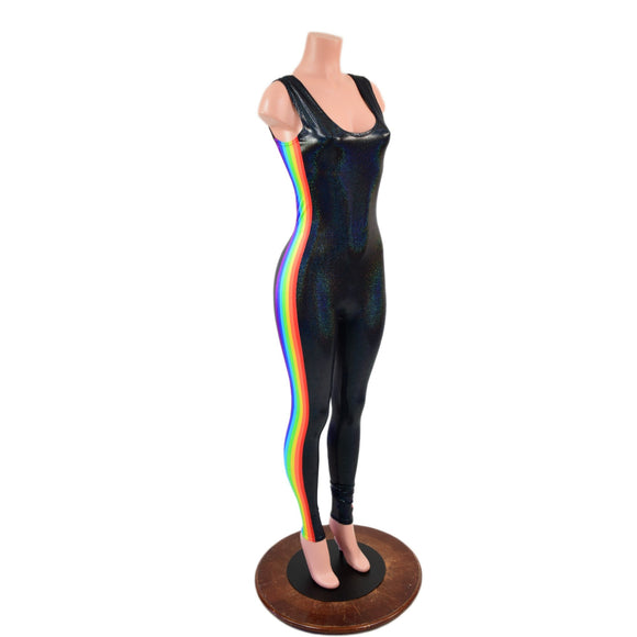 Retro Rainbow Striped Tank Style Catsuit in Black Holographic - Coquetry Clothing