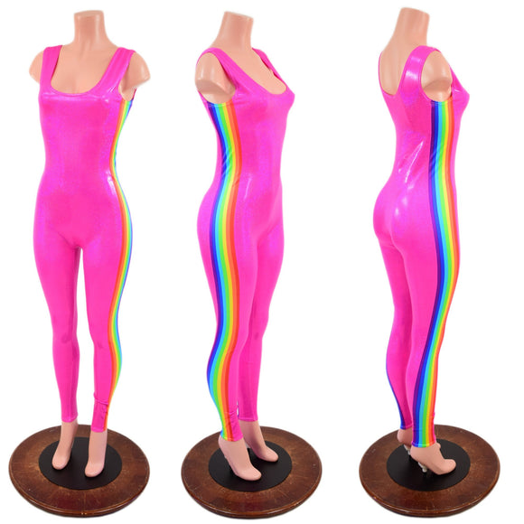 Retro Rainbow Striped Tank Style Catsuit in Neon Pink Sparkly Jewel - Coquetry Clothing
