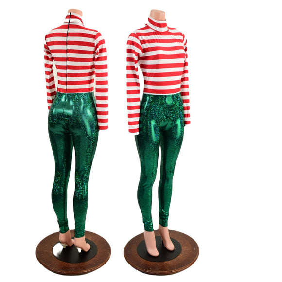 2PC Christmas Elf Zipper Back Catsuit and Tuxedo Back Belt Set - Coquetry Clothing