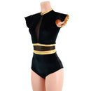 Black Velvet and Mesh Romper with Inset Mesh Keyhole Neckline - Coquetry Clothing