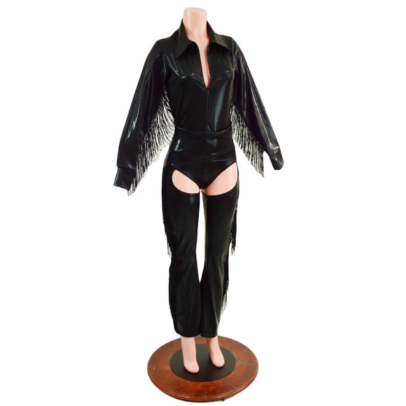 Rodeo Collar Romper and Bootcut Chaps Set with Fringe - Coquetry Clothing