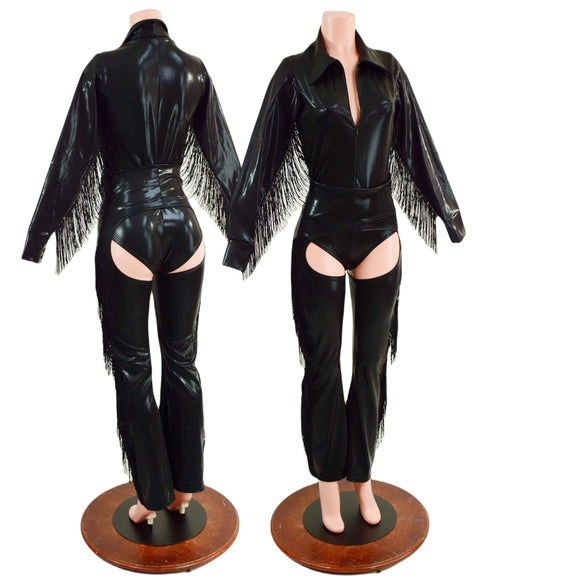 Rodeo Collar Romper and Bootcut Chaps Set with Fringe - Coquetry Clothing