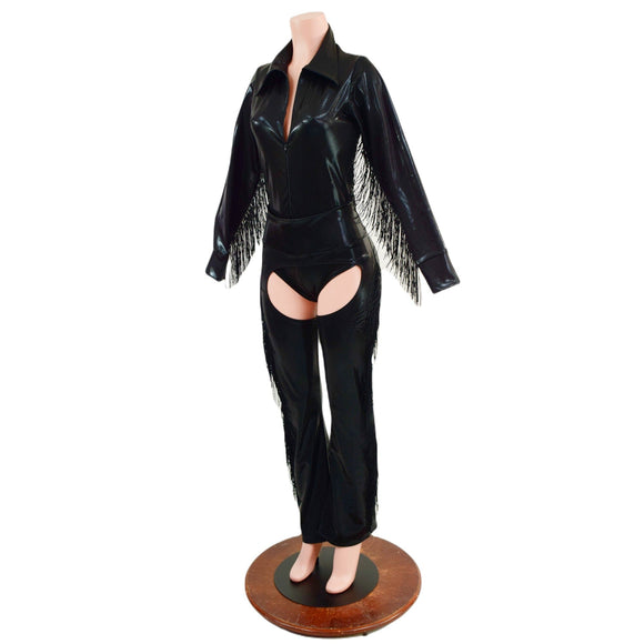 Rodeo Collar Romper and Bootcut Chaps Set with Fringe - Coquetry Clothing
