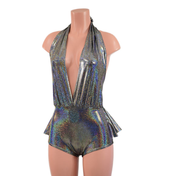 Ruffle Rump Josie Romper in Silver Holographic - Coquetry Clothing