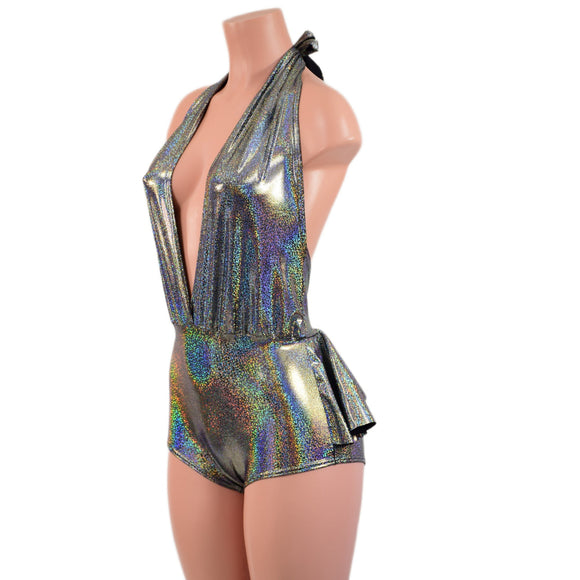 Ruffle Rump Josie Romper in Silver Holographic - Coquetry Clothing