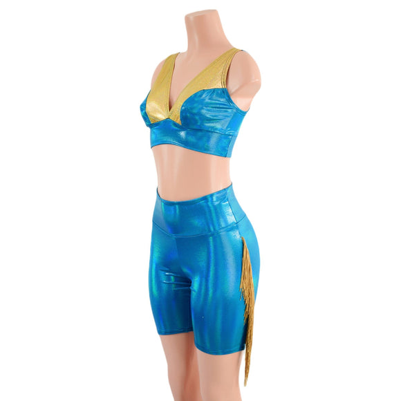 Peacock High Waist Bike Shorts with Gold Fringe and Starlette Bralette 2PC Set - Coquetry Clothing