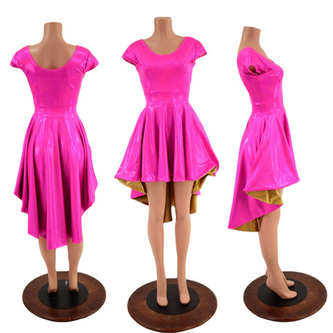 Neon Pink Sparkly Hi Lo Skater Dress with Gold Skirt Lining - Coquetry Clothing