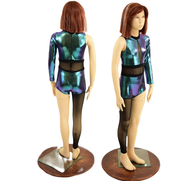 Girls Scarab Asymmetrical Catsuit with Mesh Leg, and Inset Mesh Keyhole - Coquetry Clothing