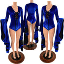 Sapphire Blue Sorceress Sleeve Romper with Lace Up Neckline - Coquetry Clothing