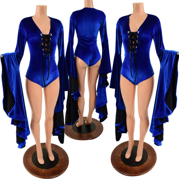 Sapphire Blue Sorceress Sleeve Romper with Lace Up Neckline - Coquetry Clothing