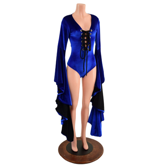 Sapphire Blue Sorceress Sleeve Romper with Lace Up Neckline - Coquetry Clothing
