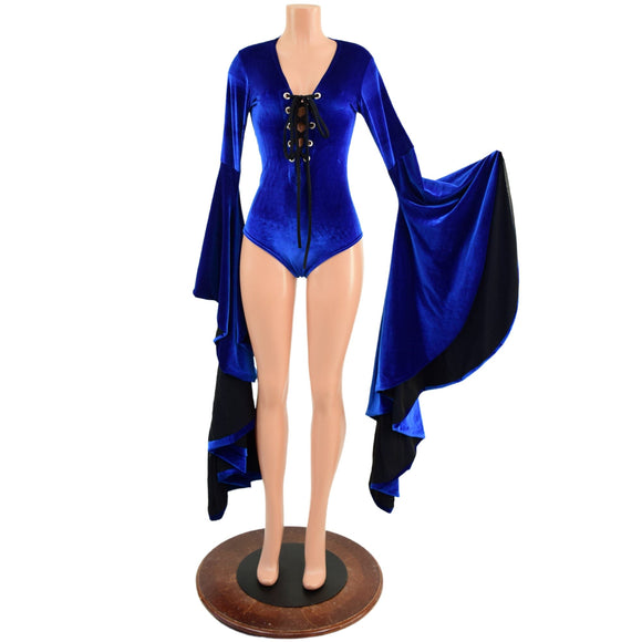 Sapphire Blue Sorceress Sleeve Romper with Lace Up Neckline - Coquetry Clothing