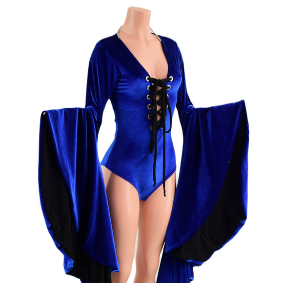 Sapphire Blue Sorceress Sleeve Romper with Lace Up Neckline - Coquetry Clothing