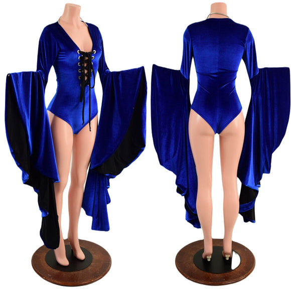 Sapphire Blue Sorceress Sleeve Romper with Lace Up Neckline - Coquetry Clothing
