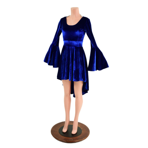 Sapphire Blue Velvet Hi - Lo Trumpet Sleeve Dress - Coquetry Clothing