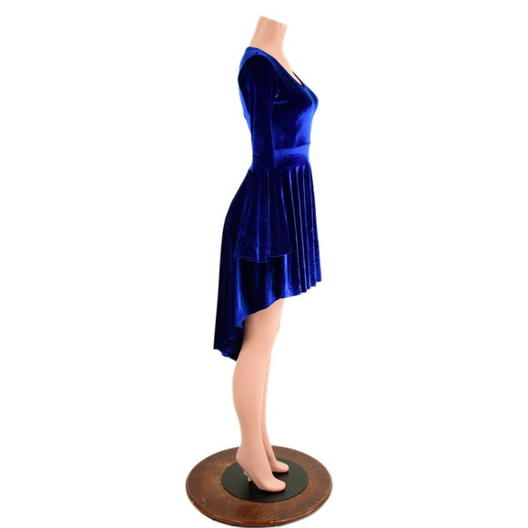 Sapphire Blue Velvet Hi - Lo Trumpet Sleeve Dress - Coquetry Clothing