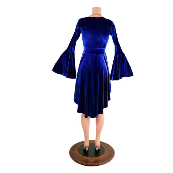 Sapphire Blue Velvet Hi - Lo Trumpet Sleeve Dress - Coquetry Clothing