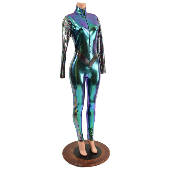 Scarab Catsuit with Oil Slick Side Panels, Long Sleeves and V Front - Coquetry Clothing