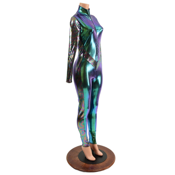 Scarab Catsuit with Oil Slick Side Panels, Long Sleeves and V Front - Coquetry Clothing