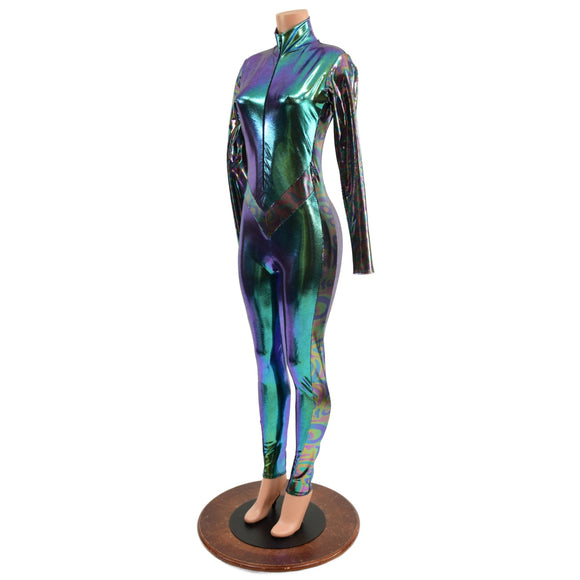 Scarab Catsuit with Oil Slick Side Panels, Long Sleeves and V Front - Coquetry Clothing