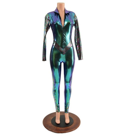 Scarab Catsuit with Oil Slick Side Panels, Long Sleeves and V Front - Coquetry Clothing