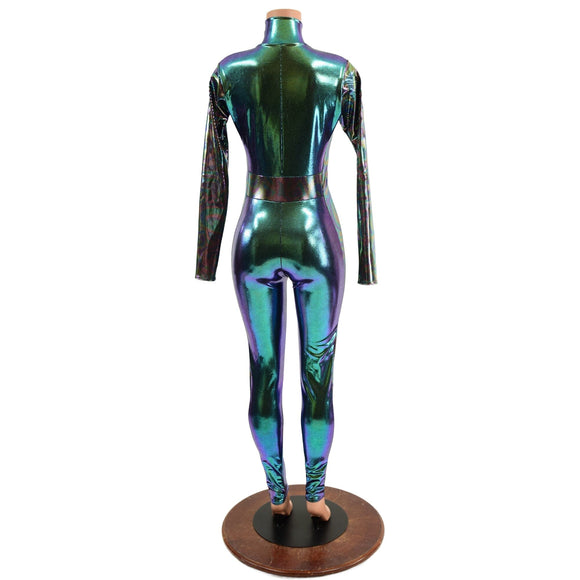 Scarab Catsuit with Oil Slick Side Panels, Long Sleeves and V Front - Coquetry Clothing