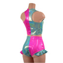 Seafoam and Neon Pink Racerback Crop Top and High Waist Siren Shorts Set - Coquetry Clothing