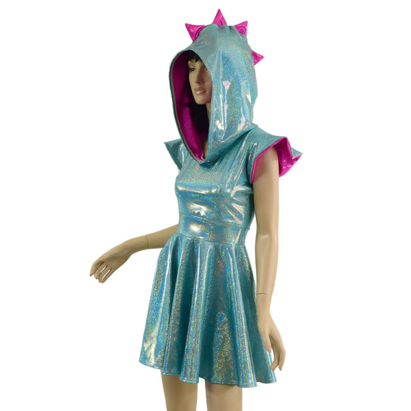 Seafoam and Pink Dragon Hooded Skater Dress with Flip Sleeves - Coquetry Clothing