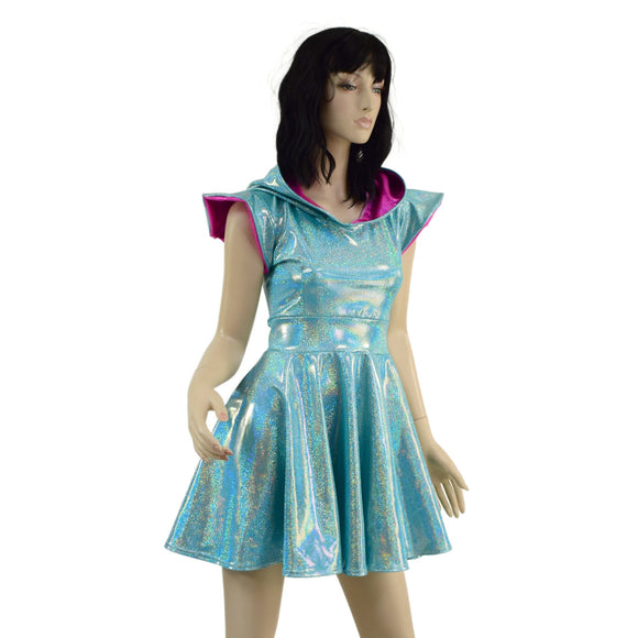 Seafoam and Pink Dragon Hooded Skater Dress with Flip Sleeves - Coquetry Clothing