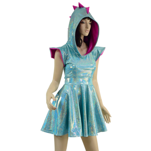 Seafoam and Pink Dragon Hooded Skater Dress with Flip Sleeves - Coquetry Clothing