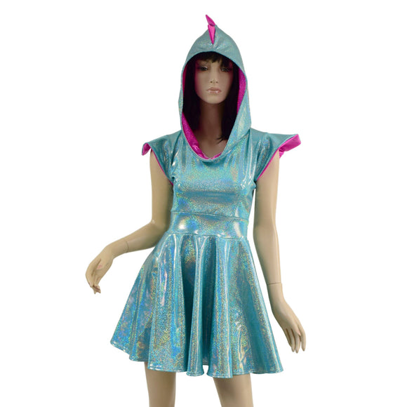 Seafoam and Pink Dragon Hooded Skater Dress with Flip Sleeves - Coquetry Clothing