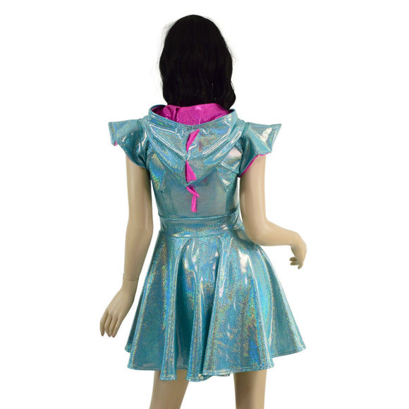 Seafoam and Pink Dragon Hooded Skater Dress with Flip Sleeves - Coquetry Clothing