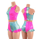 Seafoam and Pink Quad Color Blocked Romper with Mesh Waistband - Coquetry Clothing