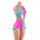 Seafoam and Pink Quad Color Blocked Romper with Mesh Waistband - Coquetry Clothing