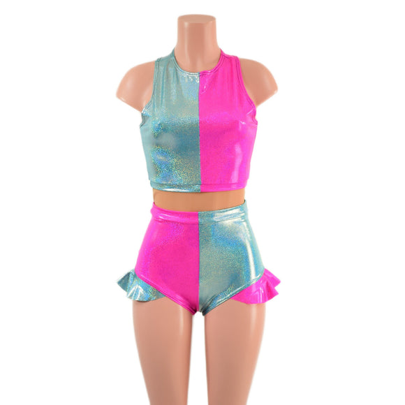Seafoam and Pink Quad Color Blocked Romper with Mesh Waistband - Coquetry Clothing