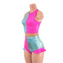 Seafoam and Pink Quad Color Blocked Romper with Mesh Waistband - Coquetry Clothing