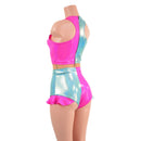Seafoam and Pink Quad Color Blocked Romper with Mesh Waistband - Coquetry Clothing