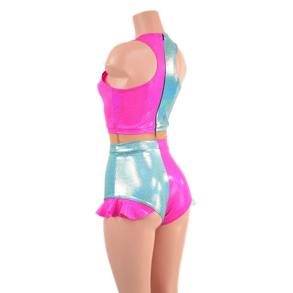 Seafoam and Pink Quad Color Blocked Romper with Mesh Waistband - Coquetry Clothing